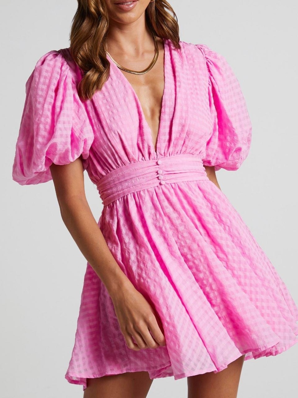 Showpo Xandy Mini Dress textured bubblegum plunge V-neck puff sleeve fit flare